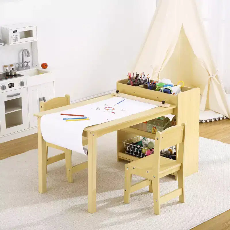 Ensemble Table et Chaises pour Enfants, Table d'Activités Artistiques et Artisanales pour Tout-Petits avec Rouleau de Papier et Rangement, Mobilier Préscolaire pour Chambre, Crèche, Garderie