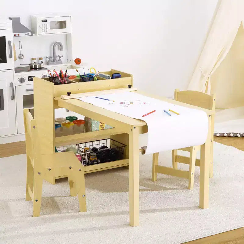 Ensemble Table et Chaises pour Enfants, Table d'Activités Artistiques et Artisanales pour Tout-Petits avec Rouleau de Papier et Rangement, Mobilier Préscolaire pour Chambre, Crèche, Garderie