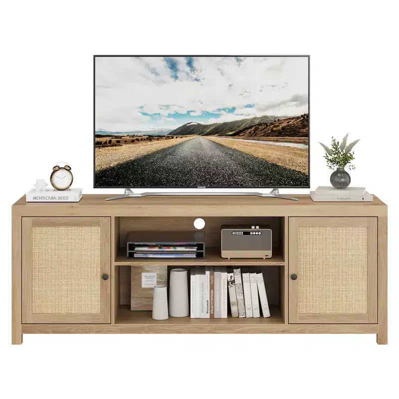 Meuble TV COZONY de style bohème avec 2 portes en rotin pour TV de 65/75 pouces, console média de 58/66 pouces