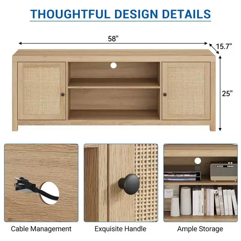 Meuble TV COZONY de style bohème avec 2 portes en rotin pour TV de 65/75 pouces, console média de 58/66 pouces