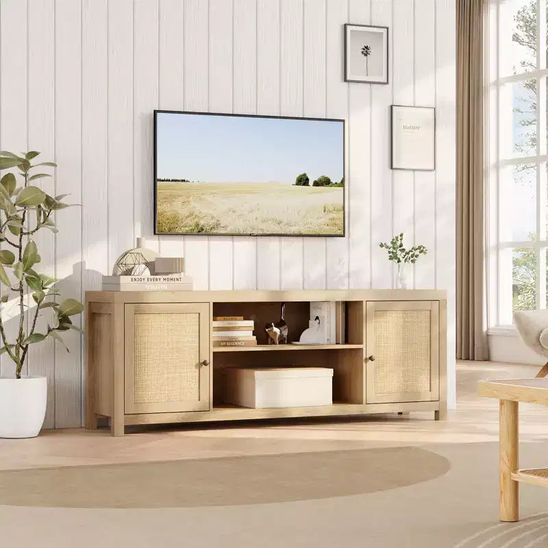 Meuble TV COZONY de style bohème avec 2 portes en rotin pour TV de 65/75 pouces, console média de 58/66 pouces