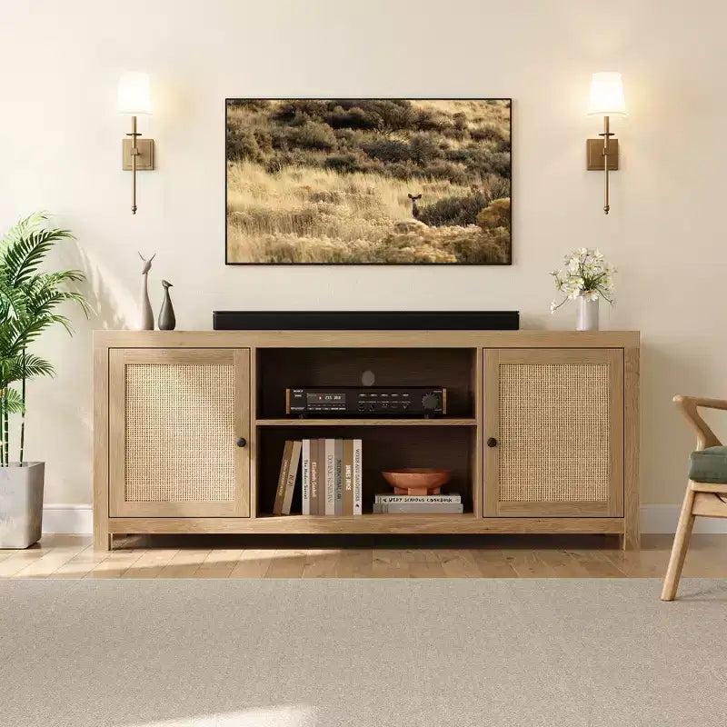 Meuble TV COZONY de style bohème avec 2 portes en rotin pour TV de 65/75 pouces, console média de 58/66 pouces