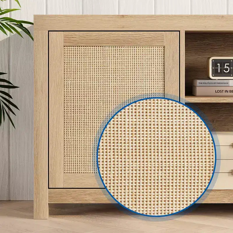 Meuble TV COZONY de style bohème avec 2 portes en rotin pour TV de 65/75 pouces, console média de 58/66 pouces