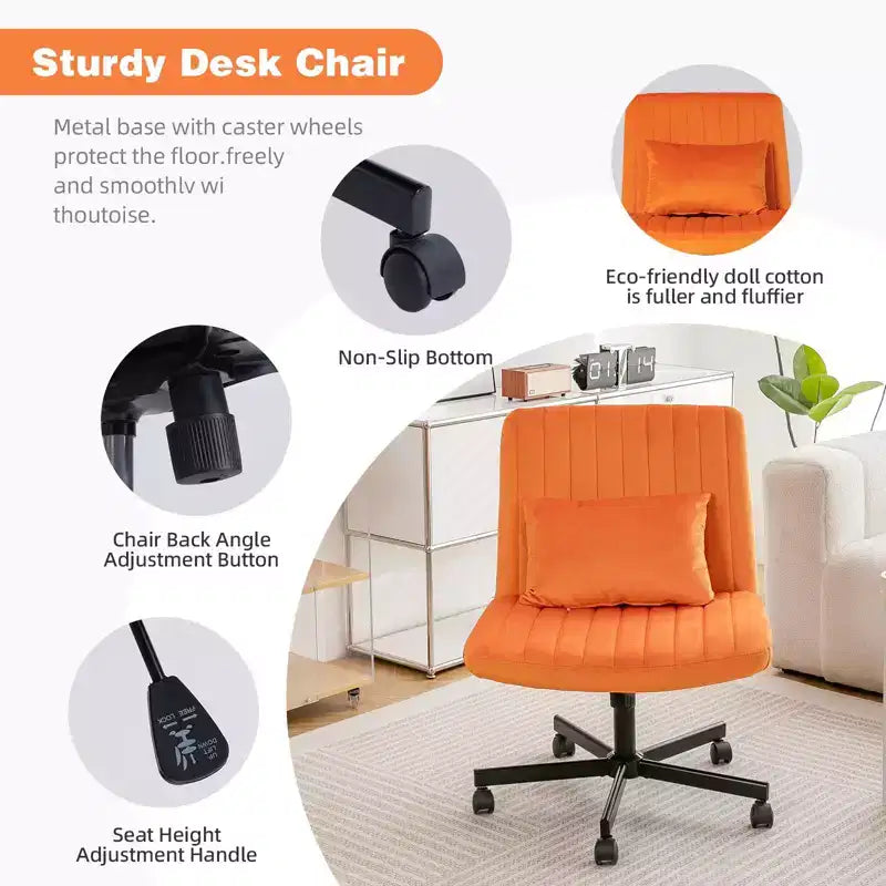 Okak Chaise de bureau moderne réglable sans accoudoirs avec pieds croisés, chaise de travail pivotante en velours/lin pour bureau, étude, studio
