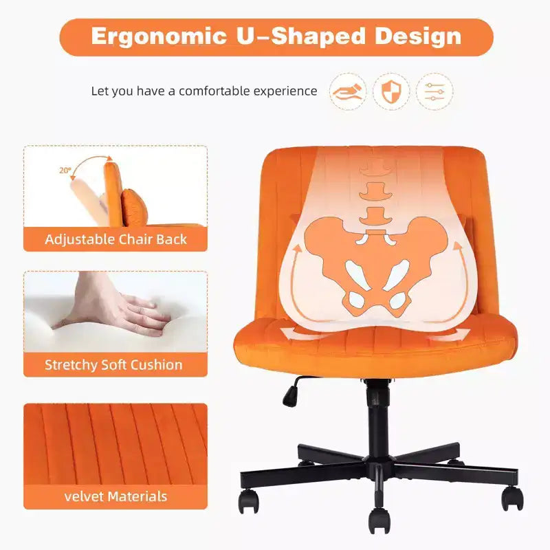 Okak Chaise de bureau moderne réglable sans accoudoirs avec pieds croisés, chaise de travail pivotante en velours/lin pour bureau, étude, studio