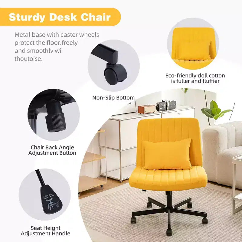 Okak Chaise de bureau moderne réglable sans accoudoirs avec pieds croisés, chaise de travail pivotante en velours/lin pour bureau, étude, studio