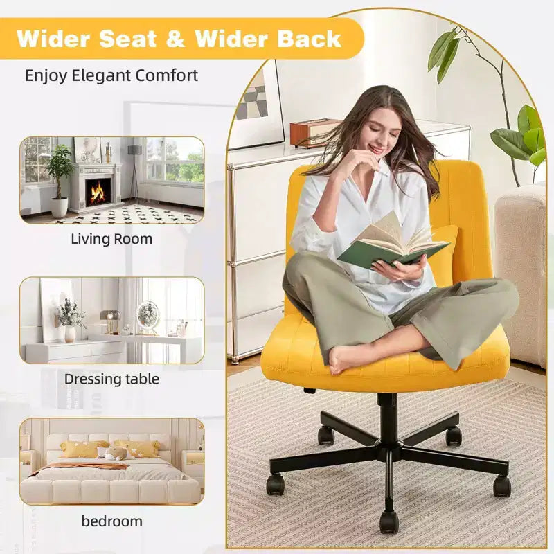 Okak Chaise de bureau moderne réglable sans accoudoirs avec pieds croisés, chaise de travail pivotante en velours/lin pour bureau, étude, studio