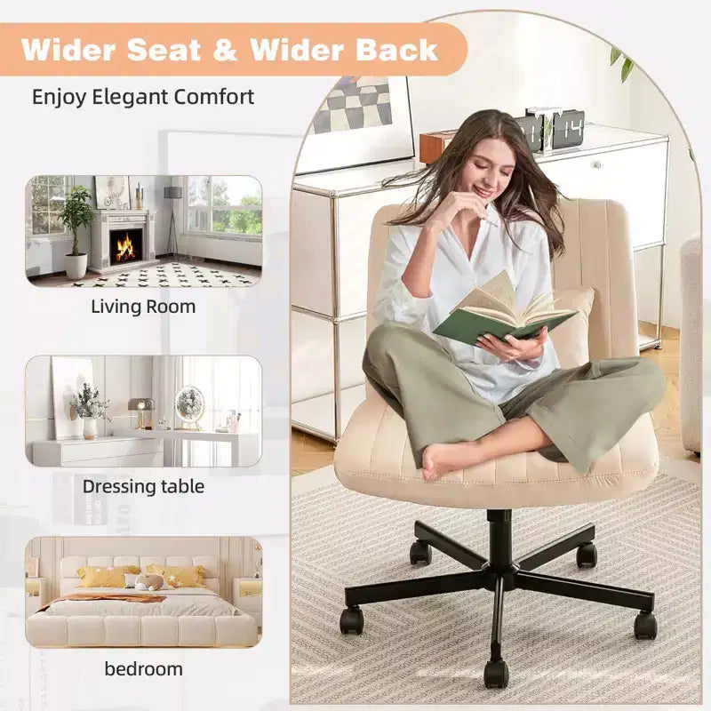 Okak Chaise de bureau moderne réglable sans accoudoirs avec pieds croisés, chaise de travail pivotante en velours/lin pour bureau, étude, studio
