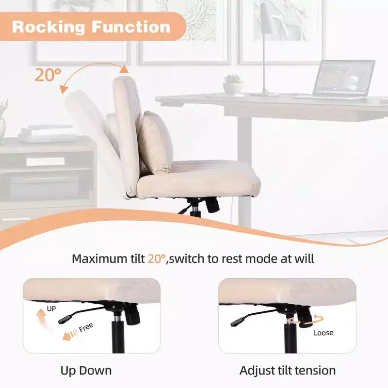Okak Chaise de bureau moderne réglable sans accoudoirs avec pieds croisés, chaise de travail pivotante en velours/lin pour bureau, étude, studio