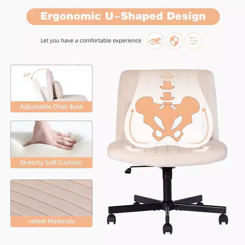 Okak Chaise de bureau moderne réglable sans accoudoirs avec pieds croisés, chaise de travail pivotante en velours/lin pour bureau, étude, studio