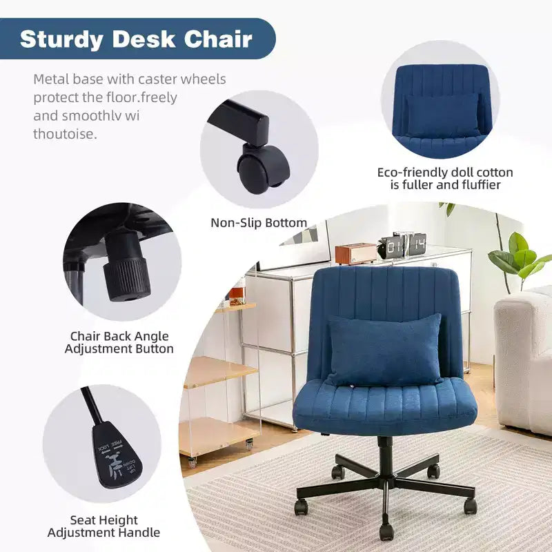 Okak Chaise de bureau moderne réglable sans accoudoirs avec pieds croisés, chaise de travail pivotante en velours/lin pour bureau, étude, studio