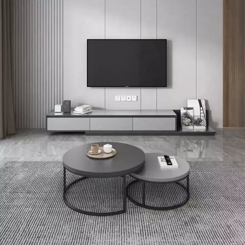 Meuble TV extensible moderne du milieu du siècle Gaoyangjiaju avec 3 tiroirs Centre de divertissement réglable pour salon (79 à 130), Gris