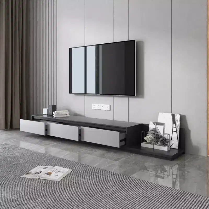 Meuble TV extensible moderne du milieu du siècle Gaoyangjiaju avec 3 tiroirs Centre de divertissement réglable pour salon (79 à 130), Gris