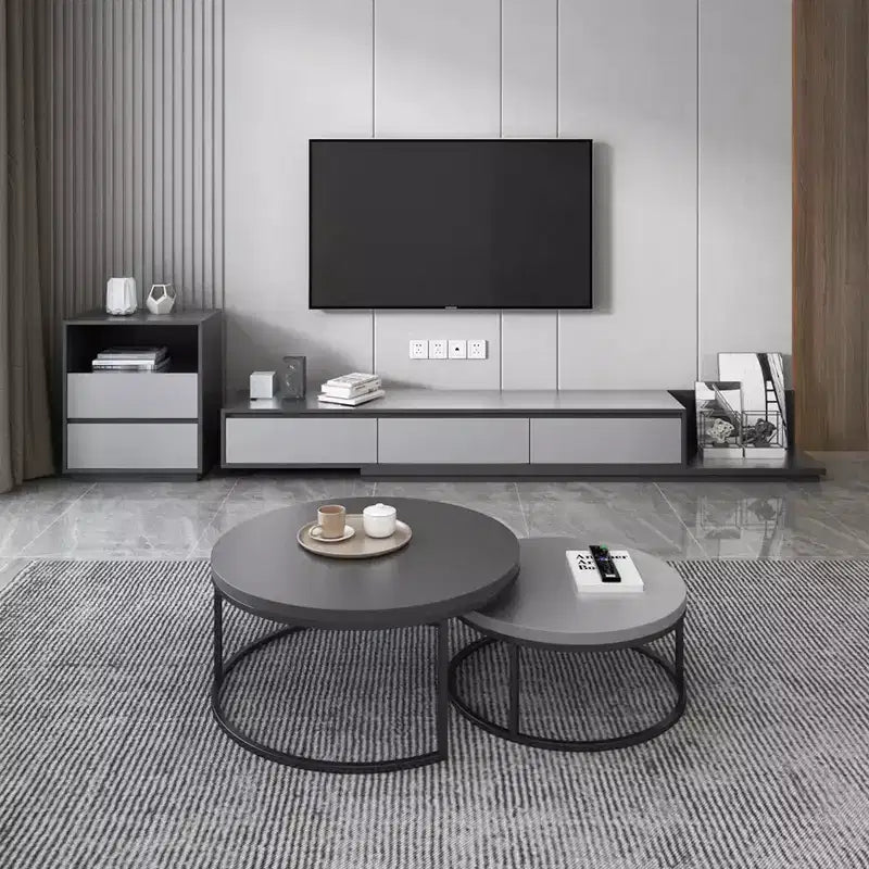 Meuble TV extensible moderne du milieu du siècle Gaoyangjiaju avec 3 tiroirs Centre de divertissement réglable pour salon (79 à 130), Gris