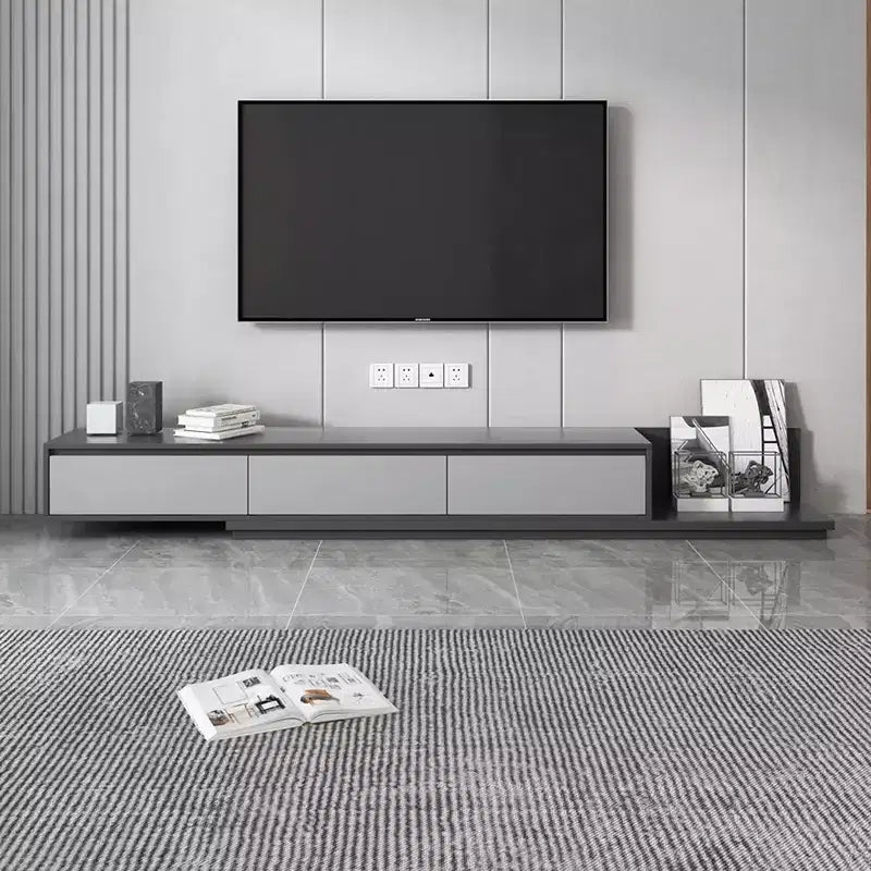 Meuble TV extensible moderne du milieu du siècle Gaoyangjiaju avec 3 tiroirs Centre de divertissement réglable pour salon (79 à 130), Gris