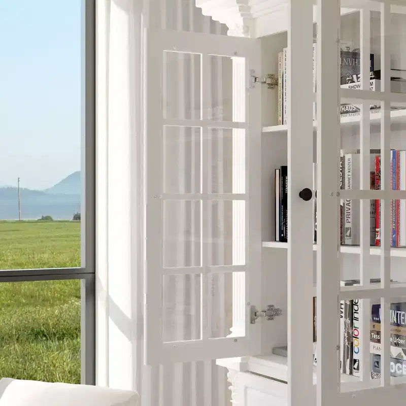 Grand buffet vaisselier blanc avec portes vitrées, bahut de rangement pour cuisine, salon, étagères à livres