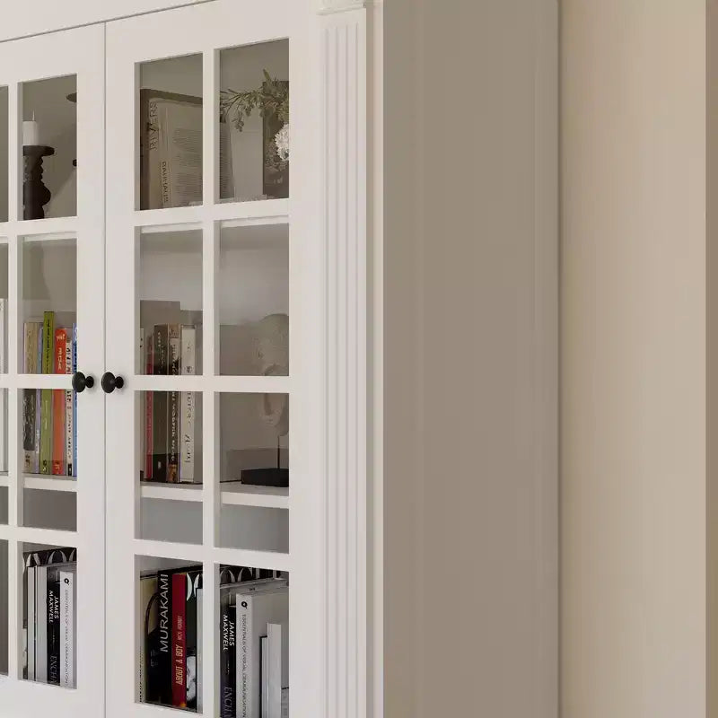 Grand buffet vaisselier blanc avec portes vitrées, bahut de rangement pour cuisine, salon, étagères à livres
