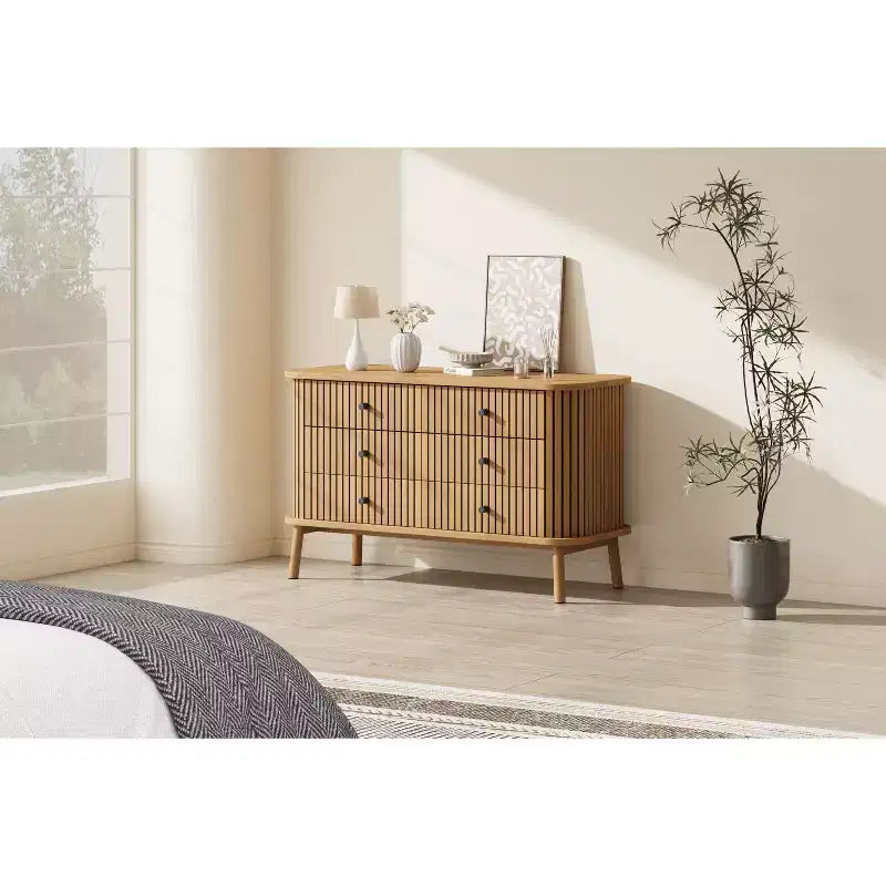 Commode de Ferme 47 Pouces avec 6 Tiroirs et Pieds en Métal - Commode Compacte en Bois pour Chambre à Coucher, Appartement, Organisateur de Rangement Peu Encombrant