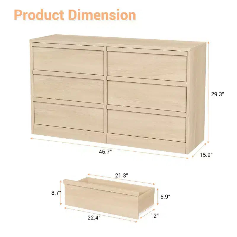 Commode 6 tiroirs avec grand espace de rangement, chêne naturel 6 tiroirs pour chambre à coucher, organiseur de commode en bois pour salon, entrée