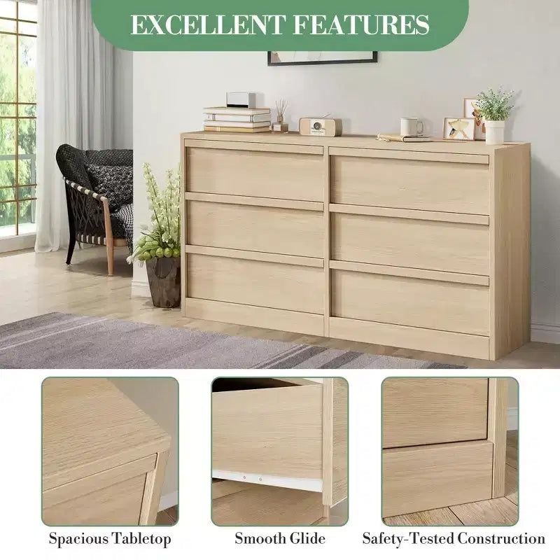 Commode 6 tiroirs avec grand espace de rangement, chêne naturel 6 tiroirs pour chambre à coucher, organiseur de commode en bois pour salon, entrée