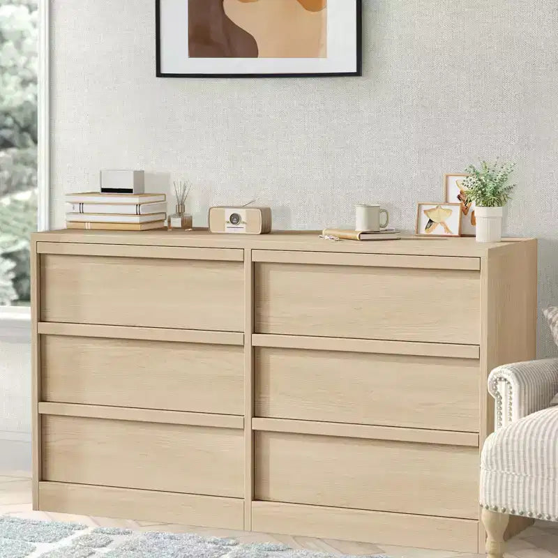 Commode 6 tiroirs avec grand espace de rangement, chêne naturel 6 tiroirs pour chambre à coucher, organiseur de commode en bois pour salon, entrée