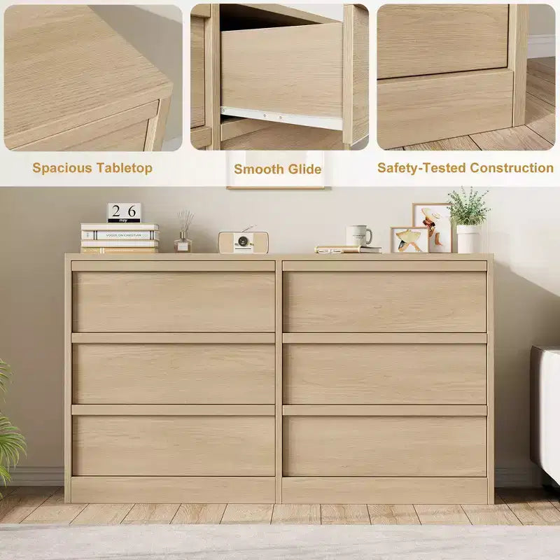 Commode 6 tiroirs avec grand espace de rangement, chêne naturel 6 tiroirs pour chambre à coucher, organiseur de commode en bois pour salon, entrée
