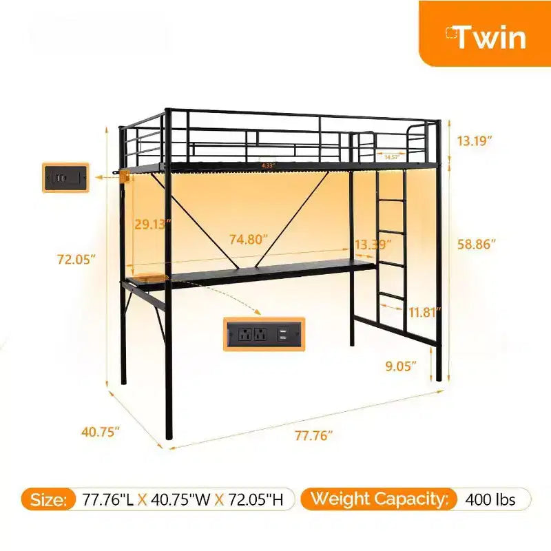 Lit mezzanine double Karl Home avec bureau, cadre de lit superposé en métal avec lumière LED et 2 stations de charge, avec échelle pour adultes, noir