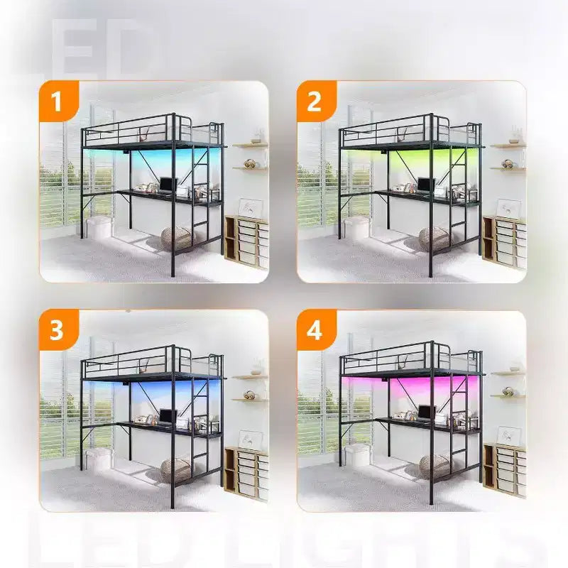 Lit mezzanine double Karl Home avec bureau, cadre de lit superposé en métal avec lumière LED et 2 stations de charge, avec échelle pour adultes, noir