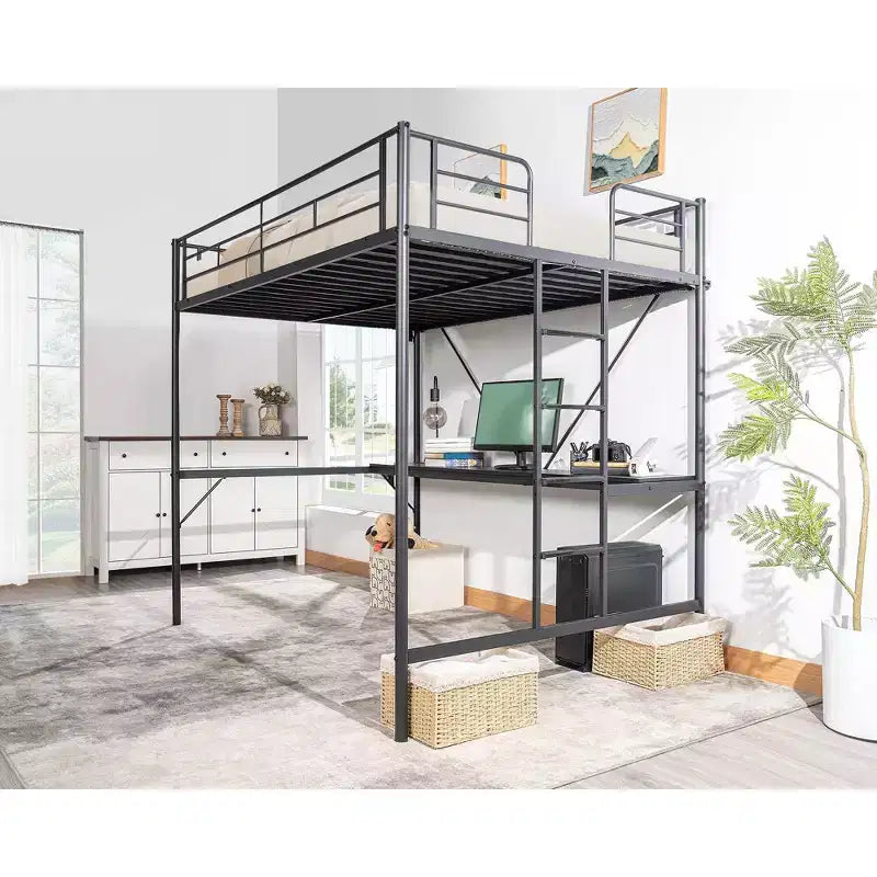Lit mezzanine double Karl Home avec bureau, cadre de lit superposé en métal avec lumière LED et 2 stations de charge, avec échelle pour adultes, noir
