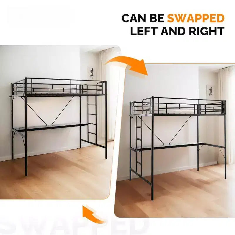 Lit mezzanine double Karl Home avec bureau, cadre de lit superposé en métal avec lumière LED et 2 stations de charge, avec échelle pour adultes, noir