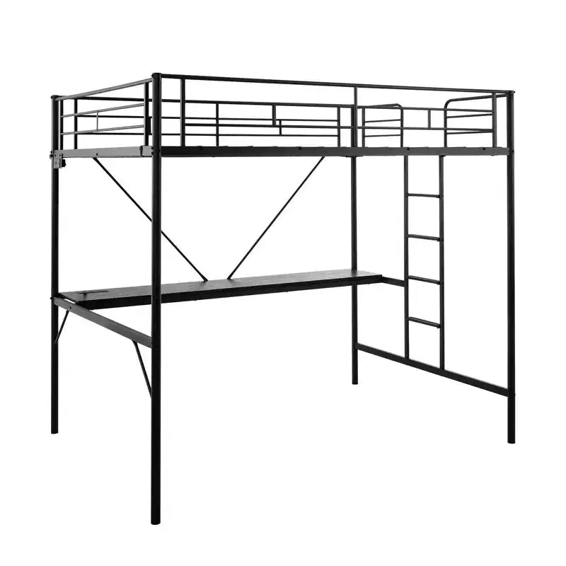 Lit mezzanine double Karl Home avec bureau, cadre de lit superposé en métal avec lumière LED et 2 stations de charge, avec échelle pour adultes, noir