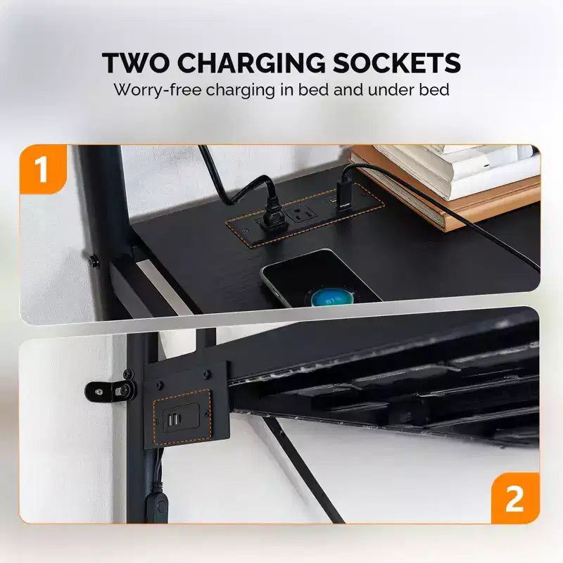 Lit mezzanine double Karl Home avec bureau, cadre de lit superposé en métal avec lumière LED et 2 stations de charge, avec échelle pour adultes, noir