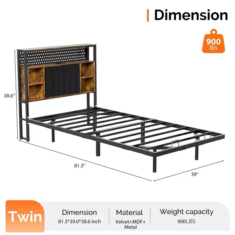 Karl Home Cadre de lit flottant simple avec tête de lit de rangement, plateforme en métal avec LED et station de charge pour chambre à coucher, noir