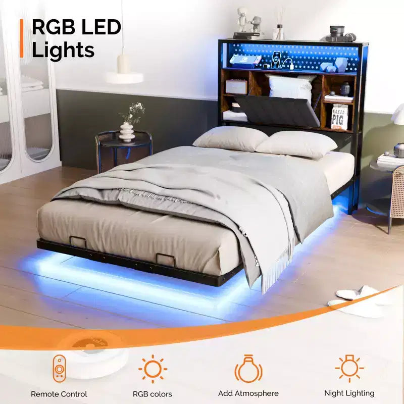 Karl Home Cadre de lit flottant simple avec tête de lit de rangement, plateforme en métal avec LED et station de charge pour chambre à coucher, noir