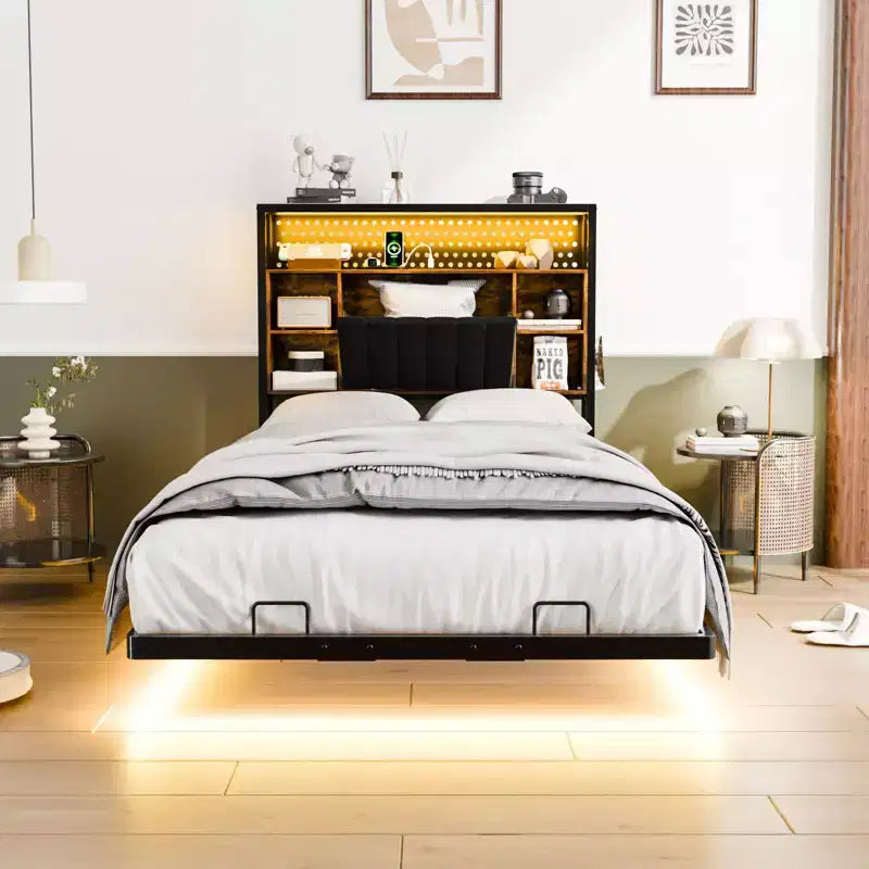 Karl Home Cadre de lit flottant simple avec tête de lit de rangement, plateforme en métal avec LED et station de charge pour chambre à coucher, noir