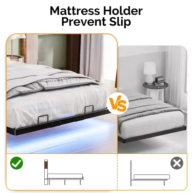 Karl Home Cadre de lit flottant simple avec tête de lit de rangement, plateforme en métal avec LED et station de charge pour chambre à coucher, noir