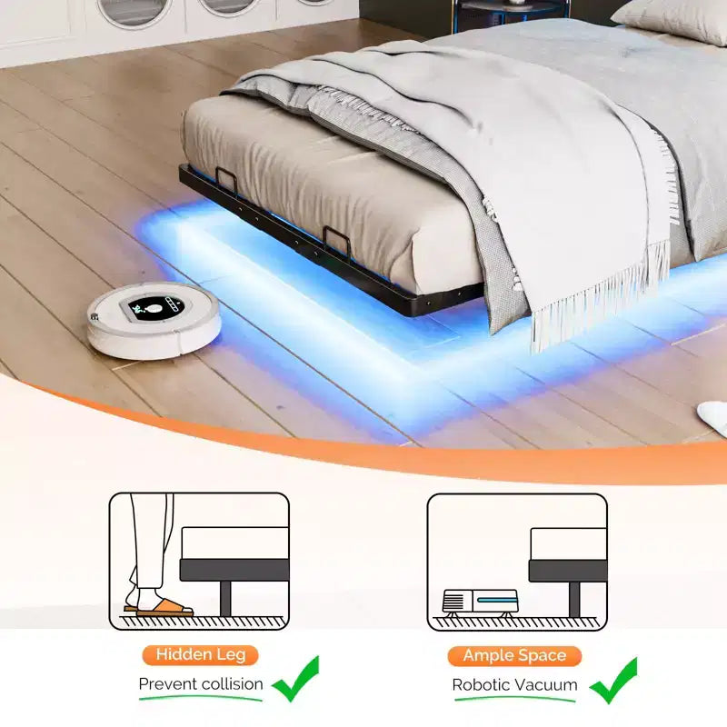 Karl Home Cadre de lit flottant simple avec tête de lit de rangement, plateforme en métal avec LED et station de charge pour chambre à coucher, noir