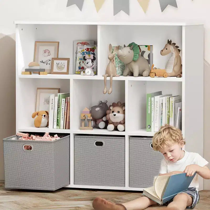 GOTGELIF Étagère à livres et meuble de rangement pour jouets pour enfants - Bois massif, étagère à 3 niveaux, 5 casiers et 3 tiroirs