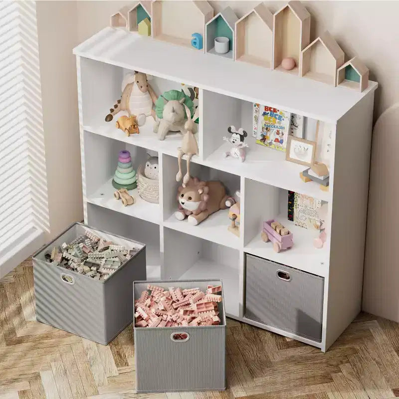 GOTGELIF Étagère à livres et meuble de rangement pour jouets pour enfants - Bois massif, étagère à 3 niveaux, 5 casiers et 3 tiroirs
