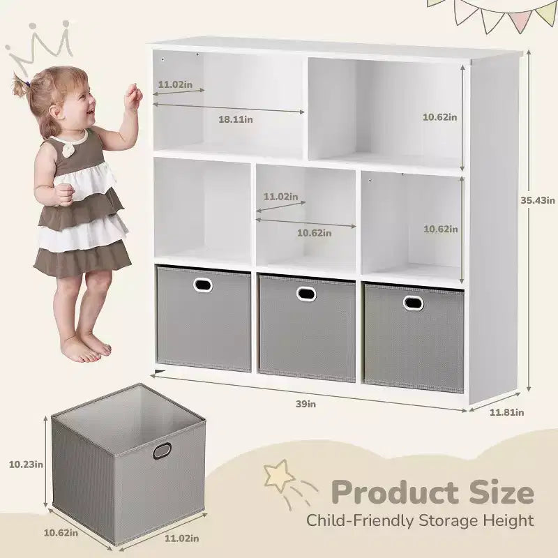 GOTGELIF Étagère à livres et meuble de rangement pour jouets pour enfants - Bois massif, étagère à 3 niveaux, 5 casiers et 3 tiroirs