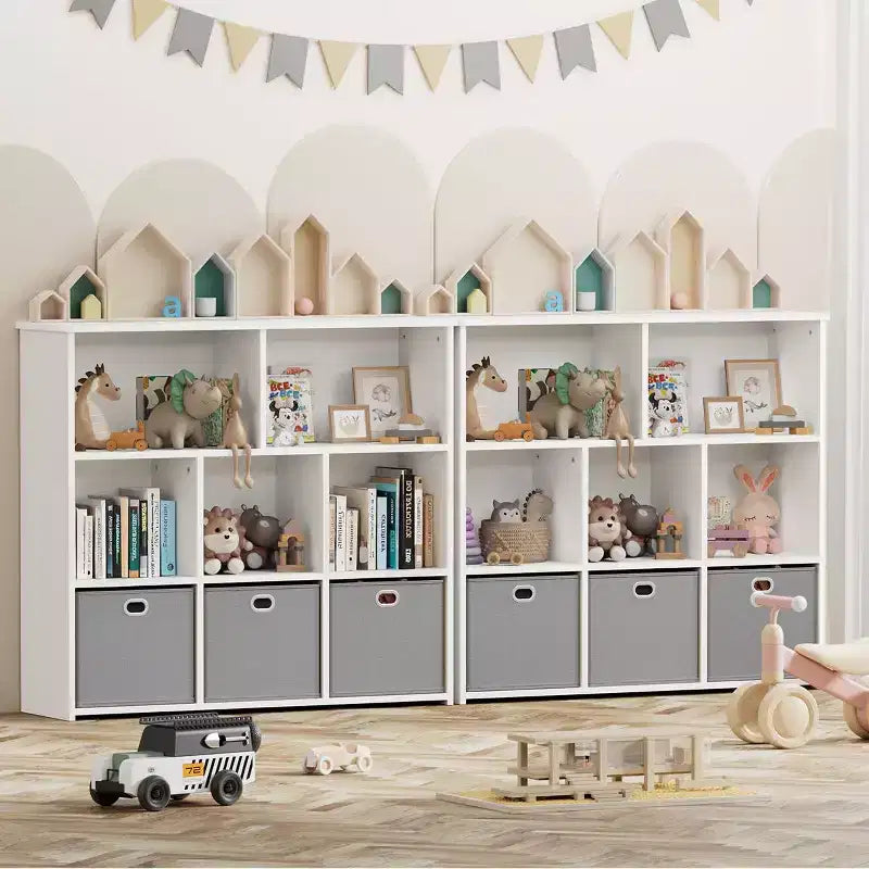 GOTGELIF Étagère à livres et meuble de rangement pour jouets pour enfants - Bois massif, étagère à 3 niveaux, 5 casiers et 3 tiroirs
