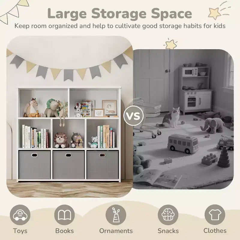 GOTGELIF Étagère à livres et meuble de rangement pour jouets pour enfants - Bois massif, étagère à 3 niveaux, 5 casiers et 3 tiroirs
