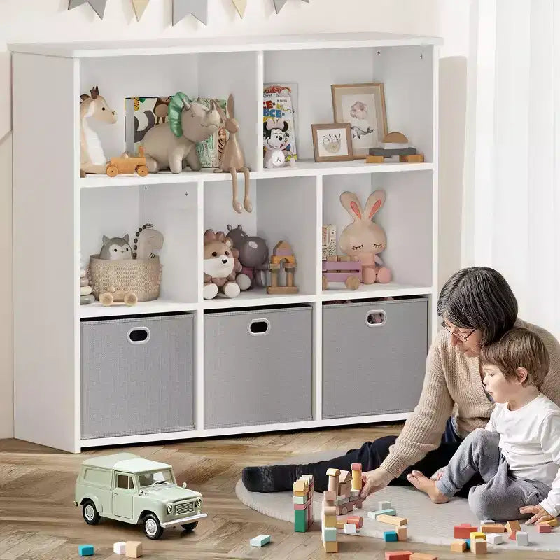 GOTGELIF Étagère à livres et meuble de rangement pour jouets pour enfants - Bois massif, étagère à 3 niveaux, 5 casiers et 3 tiroirs