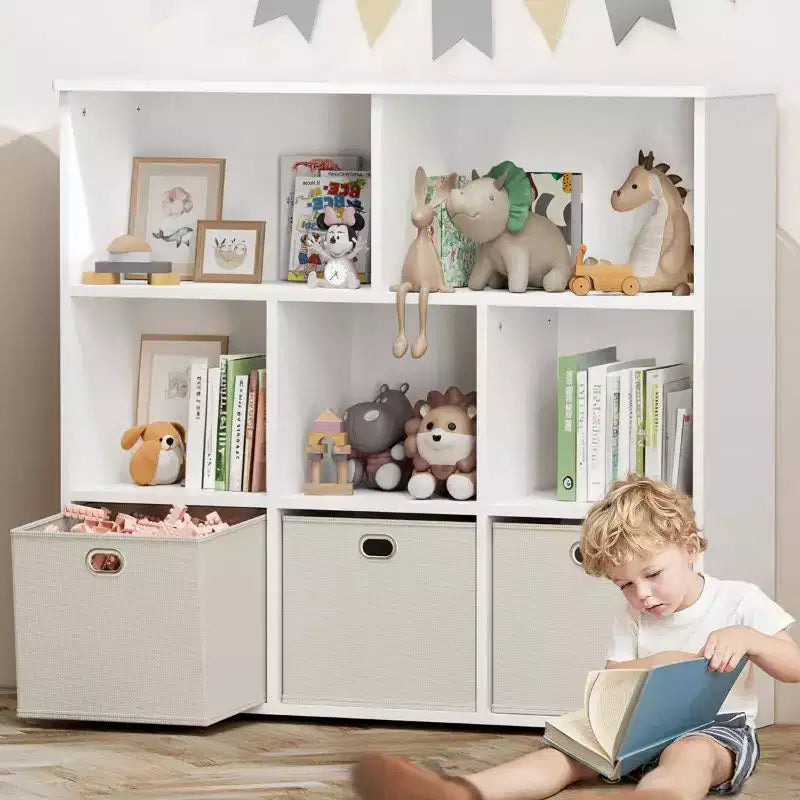 GOTGELIF Étagère à livres et meuble de rangement pour jouets pour enfants - Bois massif, étagère à 3 niveaux, 5 casiers et 3 tiroirs