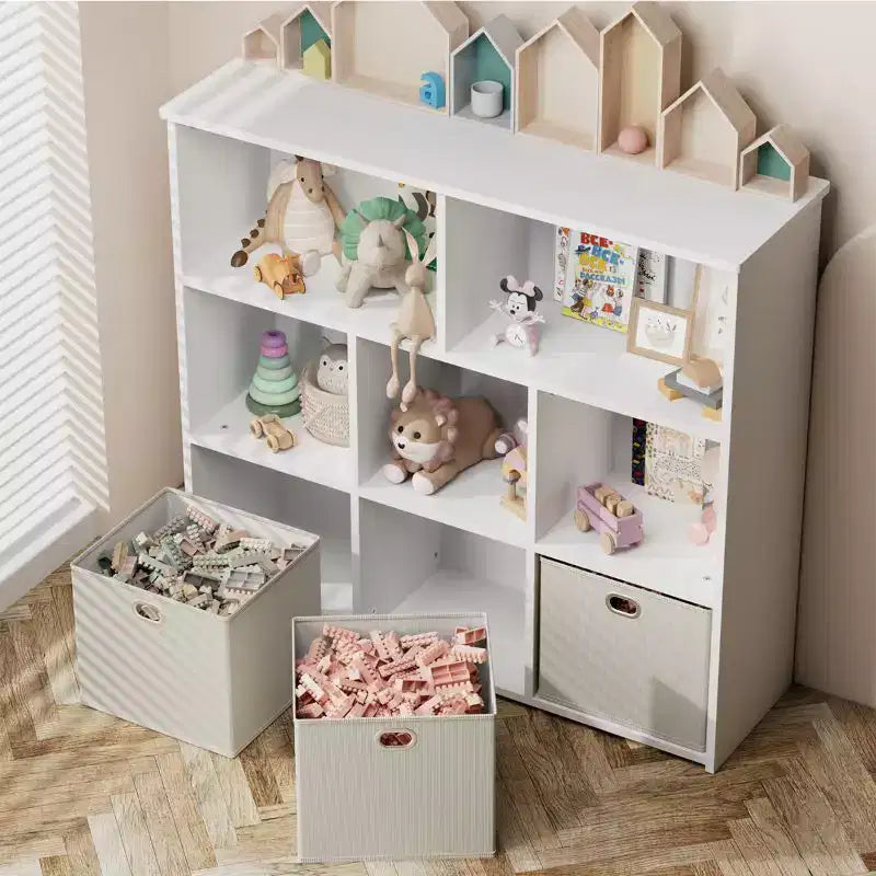 GOTGELIF Étagère à livres et meuble de rangement pour jouets pour enfants - Bois massif, étagère à 3 niveaux, 5 casiers et 3 tiroirs