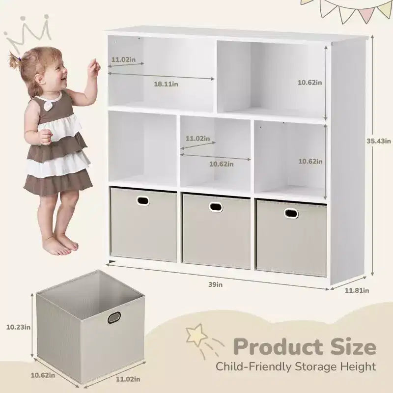 GOTGELIF Étagère à livres et meuble de rangement pour jouets pour enfants - Bois massif, étagère à 3 niveaux, 5 casiers et 3 tiroirs