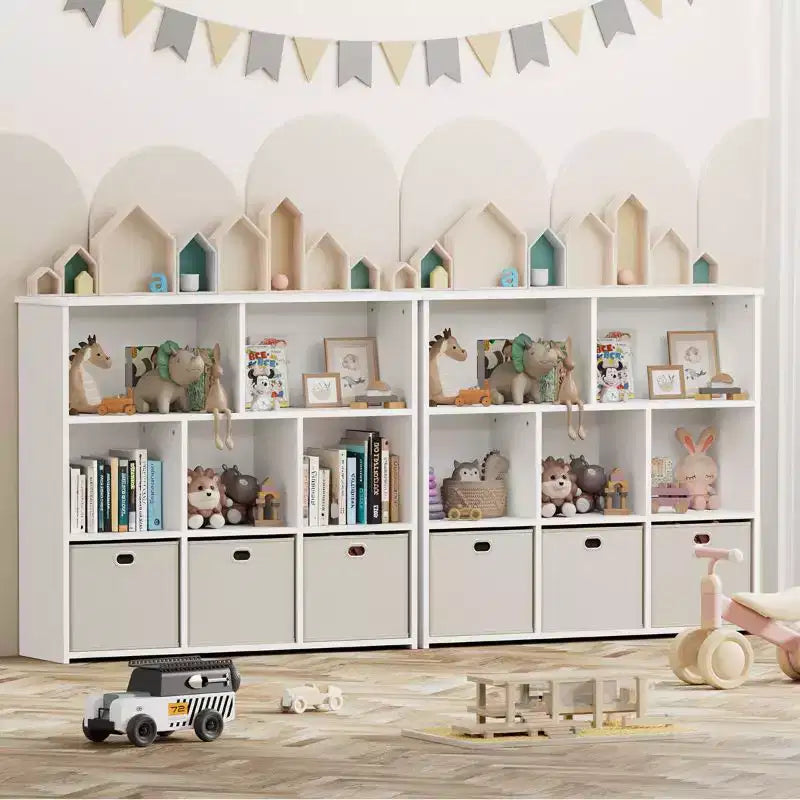 GOTGELIF Étagère à livres et meuble de rangement pour jouets pour enfants - Bois massif, étagère à 3 niveaux, 5 casiers et 3 tiroirs