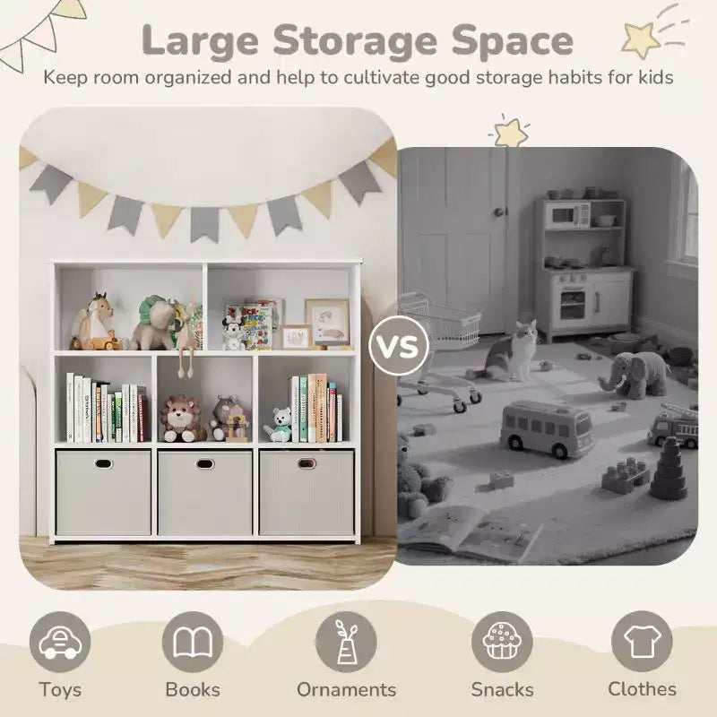GOTGELIF Étagère à livres et meuble de rangement pour jouets pour enfants - Bois massif, étagère à 3 niveaux, 5 casiers et 3 tiroirs