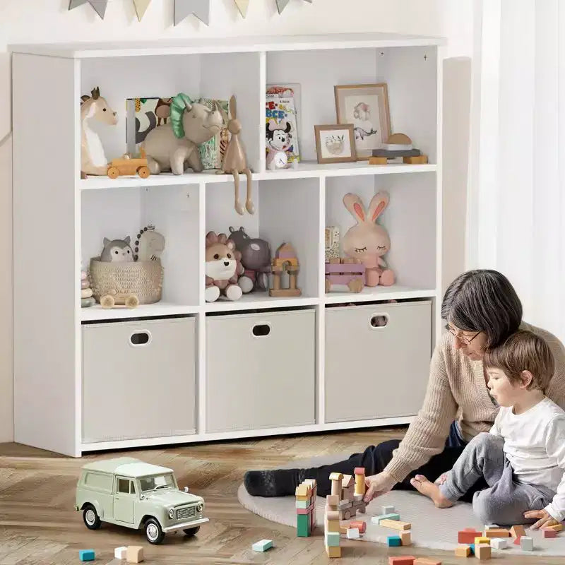 GOTGELIF Étagère à livres et meuble de rangement pour jouets pour enfants - Bois massif, étagère à 3 niveaux, 5 casiers et 3 tiroirs