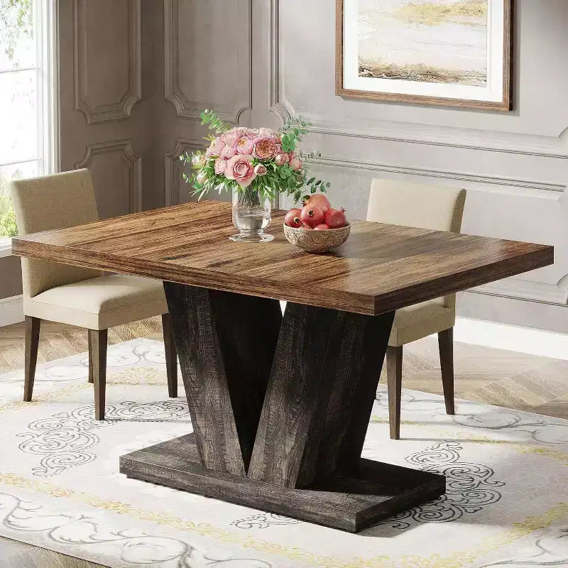 Grande table de salle à manger rectangulaire Okak Farmhouse avec base à piédestal robuste, table de cuisine minimaliste pour salle à manger, coin petit-déjeuner